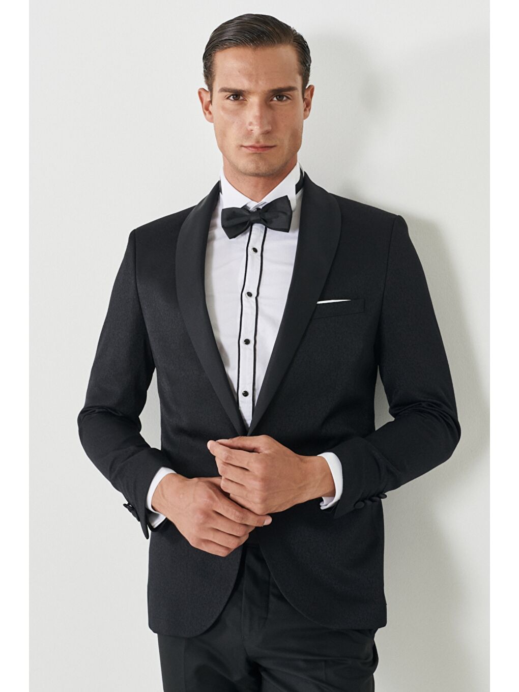 Erkek Siyah Slim Fit Dar Kesim Mono Yaka Desenli Klasik Smokin Takım