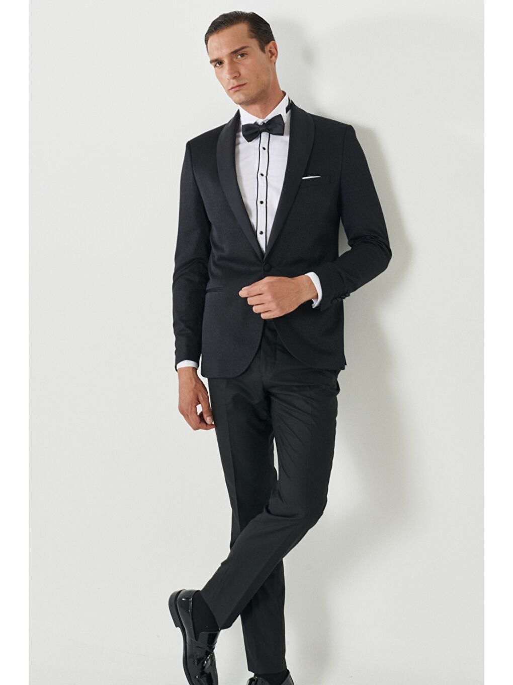 Erkek Siyah Slim Fit Dar Kesim Mono Yaka Desenli Klasik Smokin Takım-1