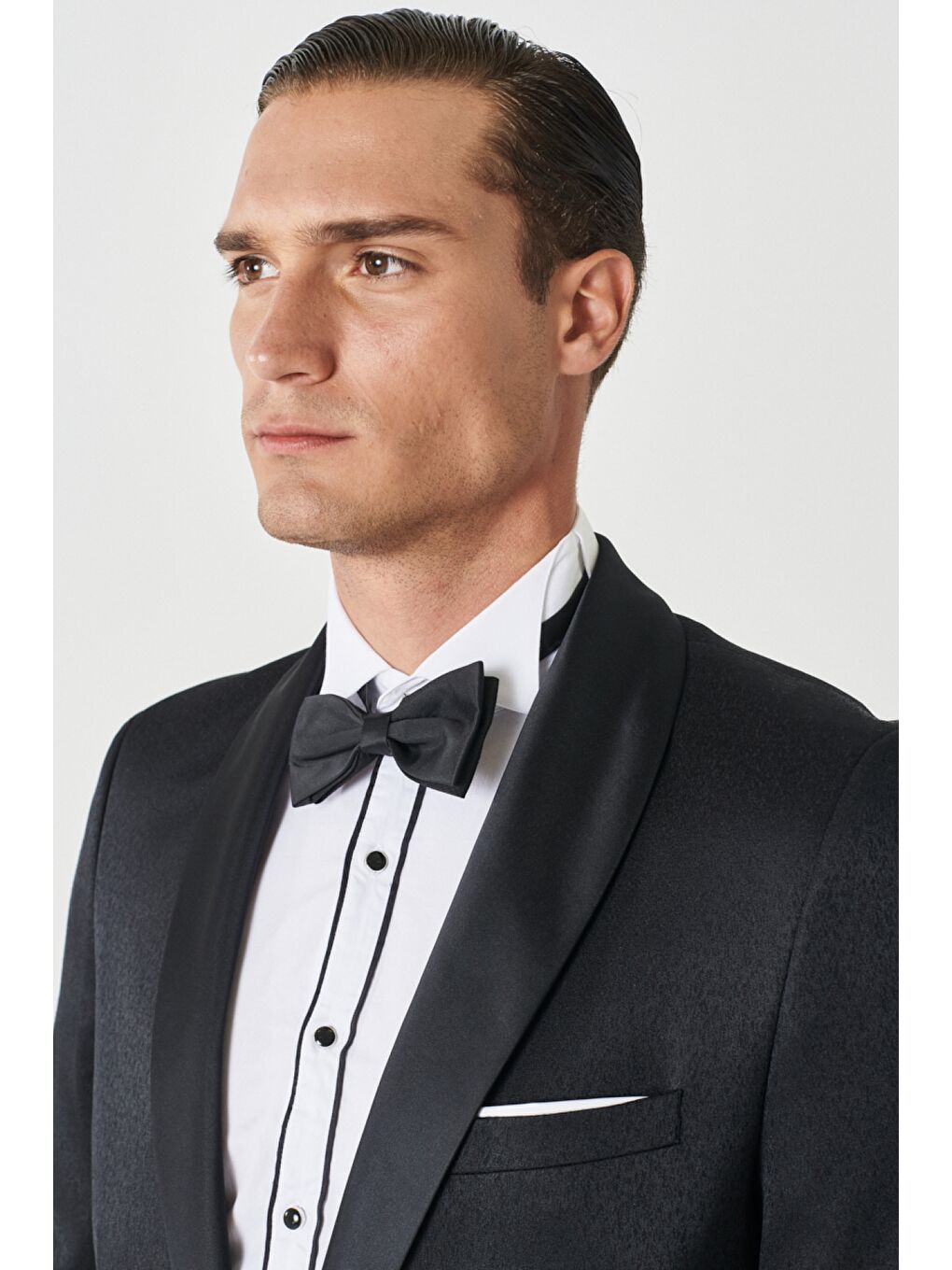 Erkek Siyah Slim Fit Dar Kesim Mono Yaka Desenli Klasik Smokin Takım-2