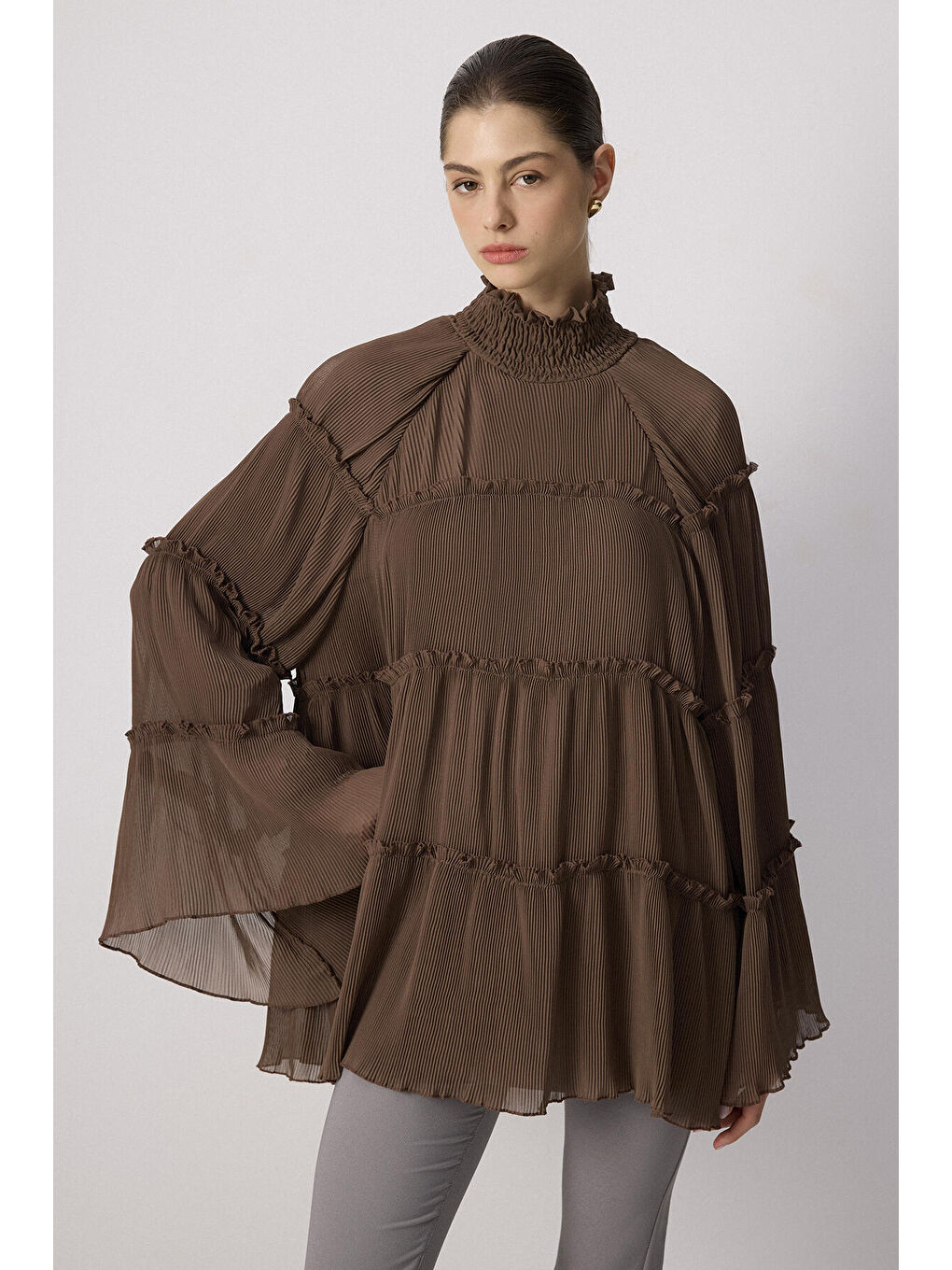Kahverengi Piliseli Şifon Tunik-1