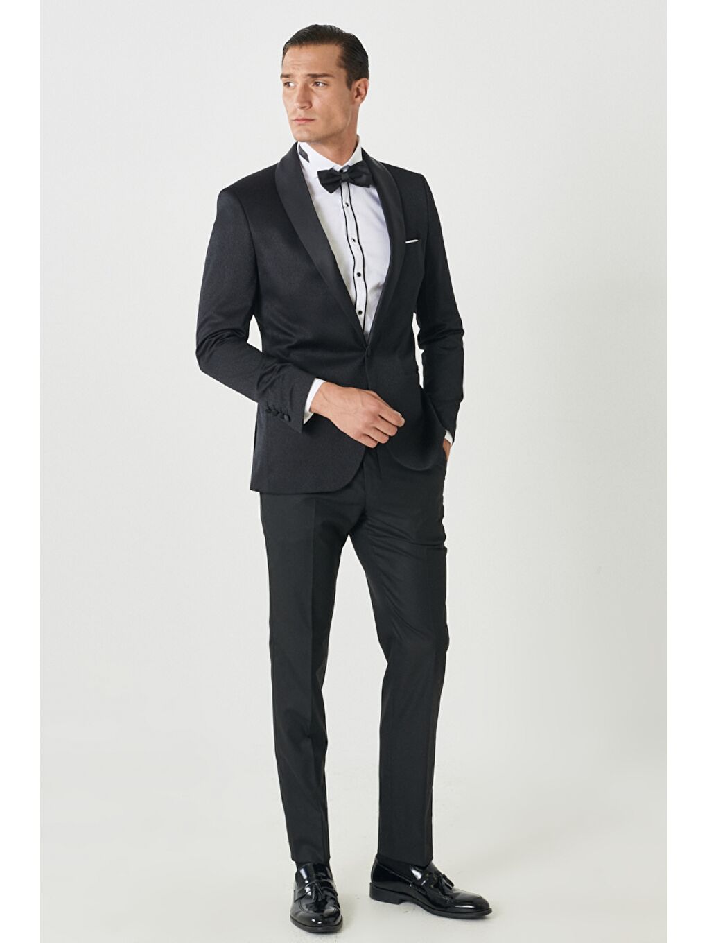 Erkek Siyah Slim Fit Dar Kesim Mono Yaka Desenli Klasik Smokin Takım-3