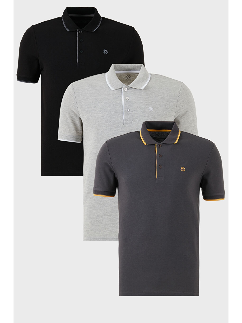 Siyah Pamuklu Slim Fit Şerit Detaylı Düğmeli Polo Yaka 3'lü Paket Tişört 5902118S3