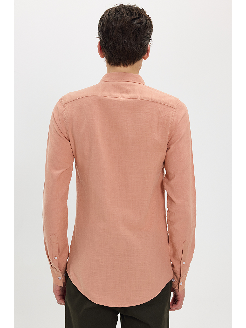 Erkek Slim Fit Dar Kesim %100 Pamuk Düğmeli Yaka Flam Keten Turuncu Gömlek-5