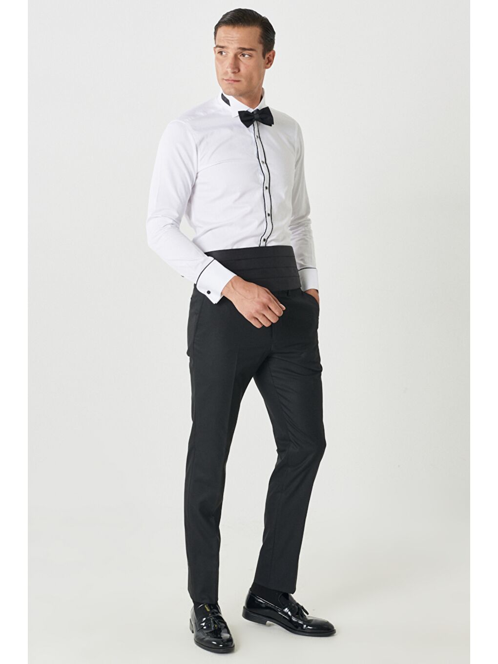 Erkek Siyah Slim Fit Dar Kesim Mono Yaka Desenli Klasik Smokin Takım-4