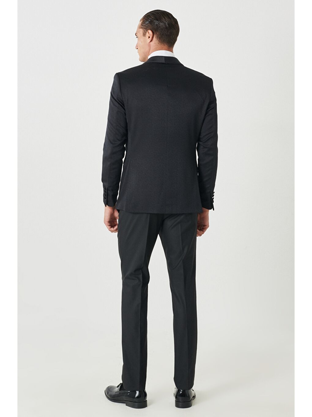 Erkek Siyah Slim Fit Dar Kesim Mono Yaka Desenli Klasik Smokin Takım-5