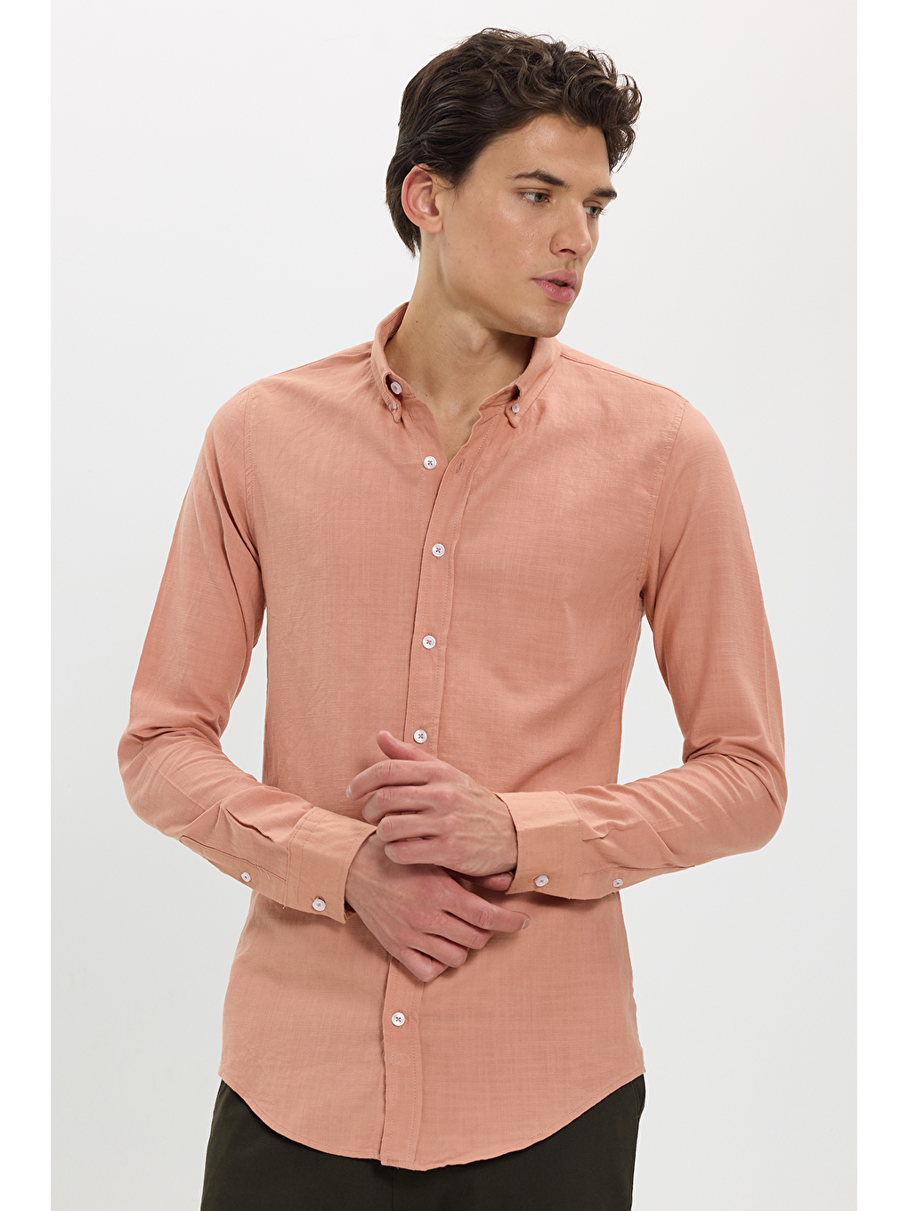Erkek Slim Fit Dar Kesim %100 Pamuk Düğmeli Yaka Flam Keten Turuncu Gömlek-6