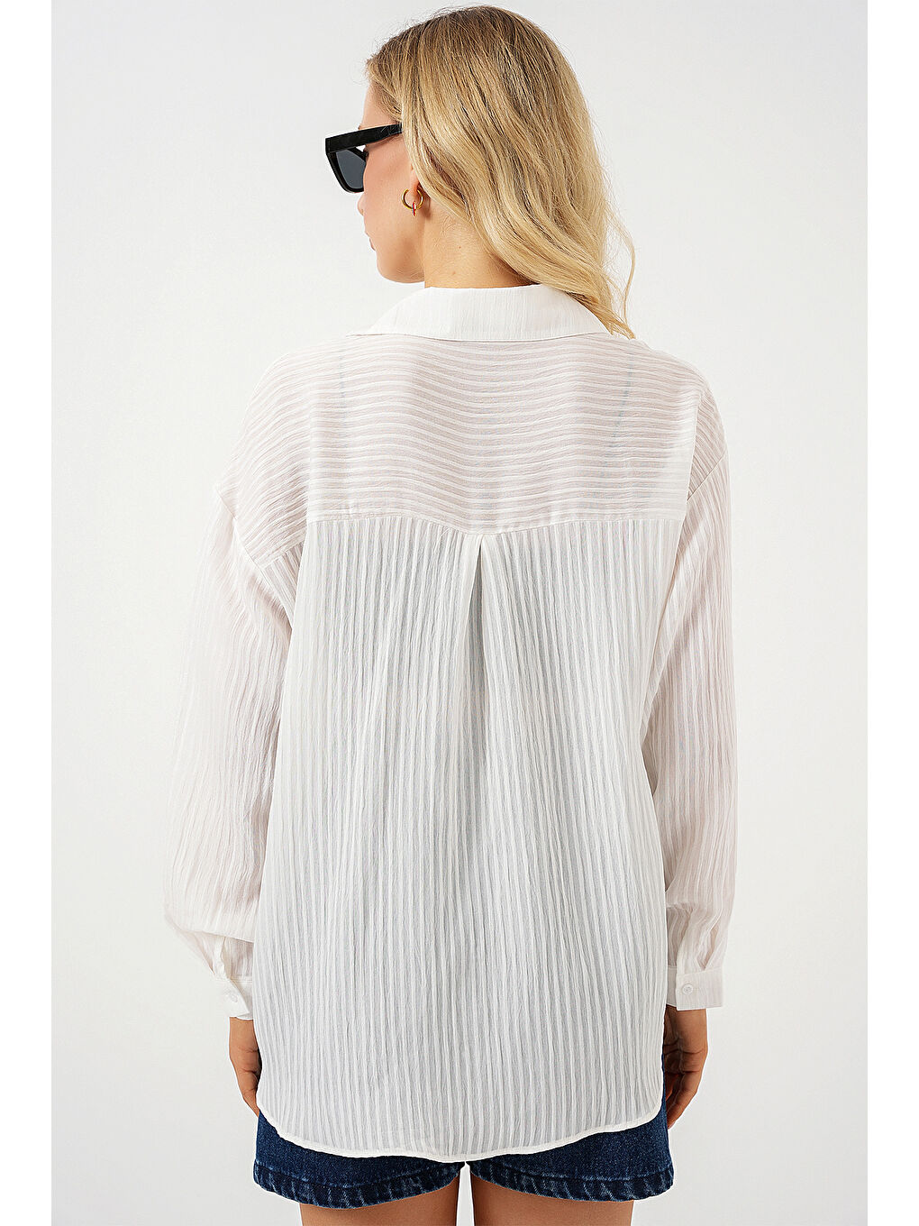 Kadın Uzun Oversize Gömlek 20320 - Beyaz-5