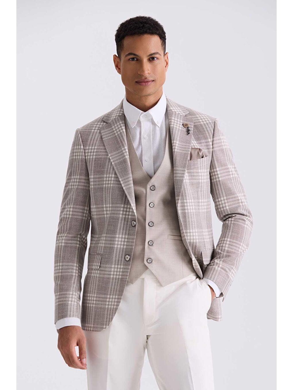 Kahverengi Kahve Slim Fit Mono Yaka Kareli Kombinli Yelekli Takım Elbise