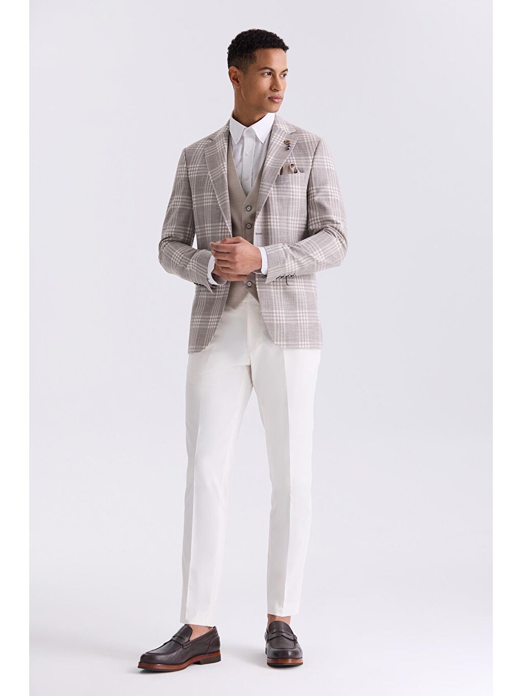 Kahverengi Kahve Slim Fit Mono Yaka Kareli Kombinli Yelekli Takım Elbise-1