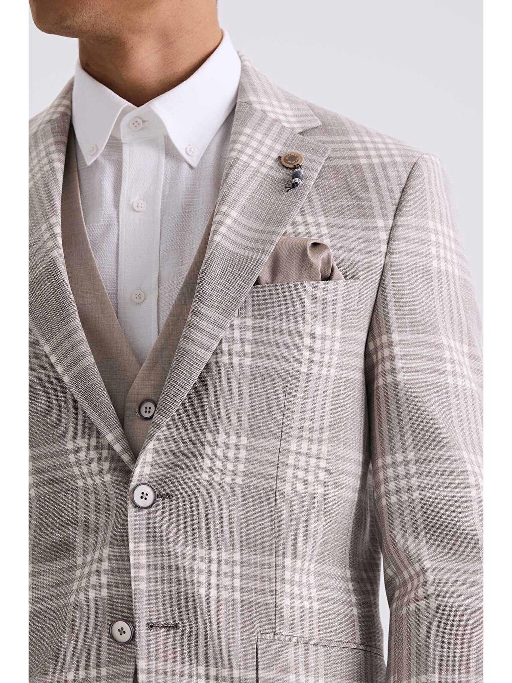 Kahverengi Kahve Slim Fit Mono Yaka Kareli Kombinli Yelekli Takım Elbise-2