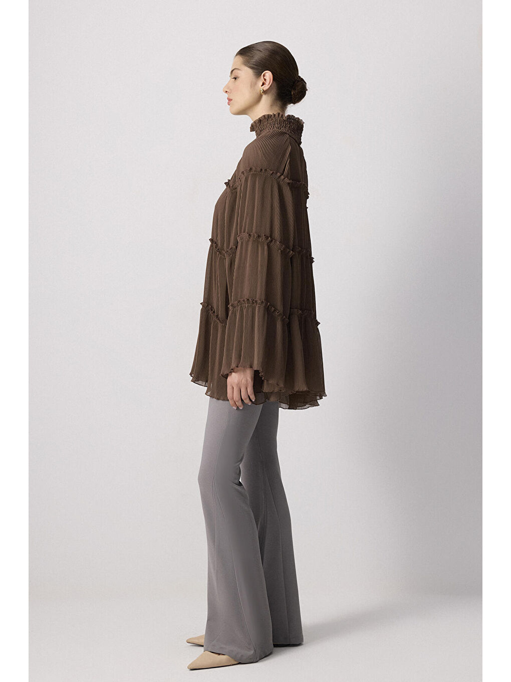 Kahverengi Piliseli Şifon Tunik-2