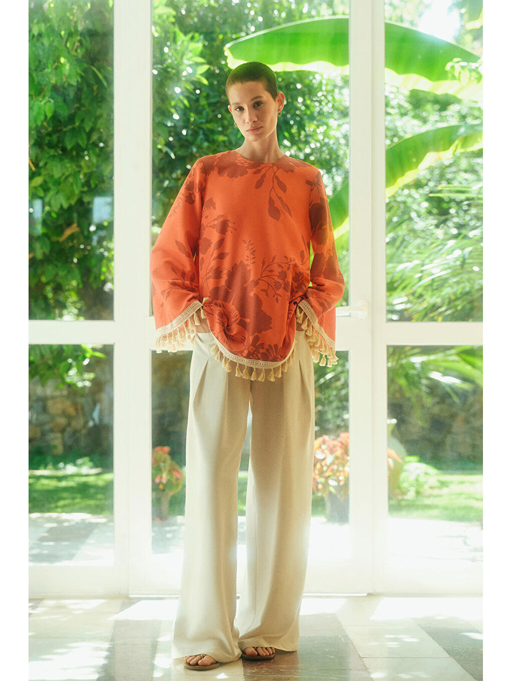 Ekru Cep Detaylı Bol Paça Keten Pantolon-4