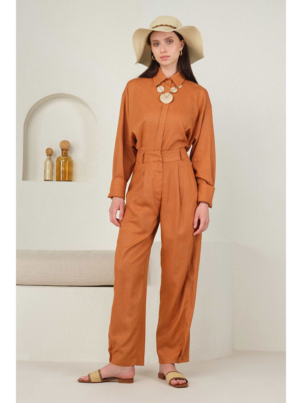 Turuncu Paçası Pileli Keten Pantolon Papaya-2