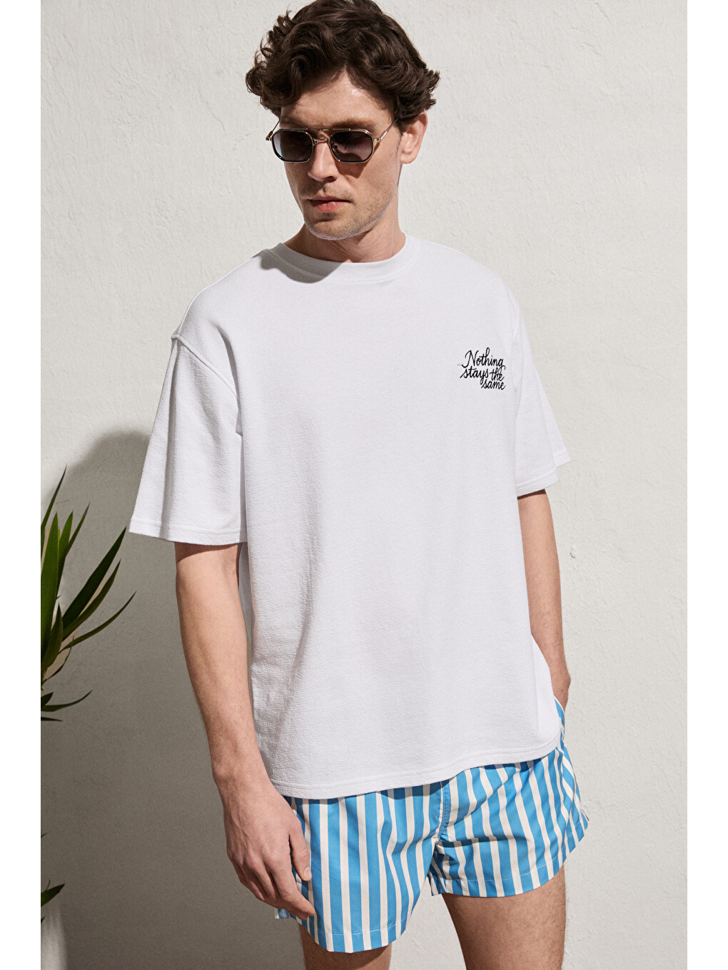 Beyaz CALIDO Erkek Organik Pamuklu Baskı Ve Nakışlı Bisiklet Yaka Oversıze BEYAZ T-Shirt-4