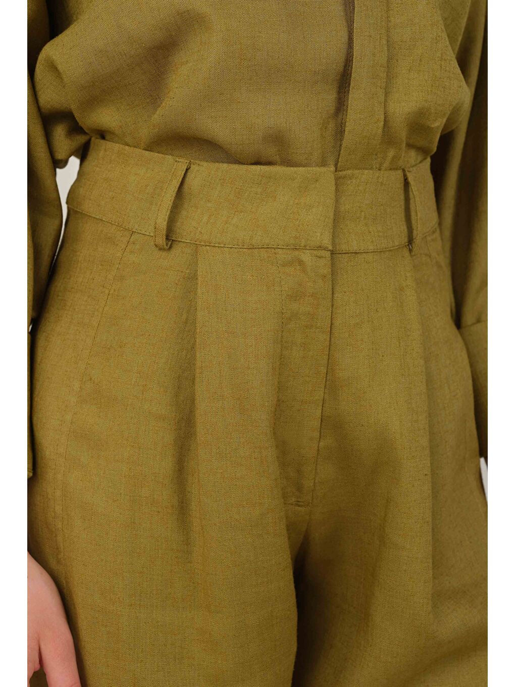 Yeşil Paçası Pileli Keten Pantolon Olive-2