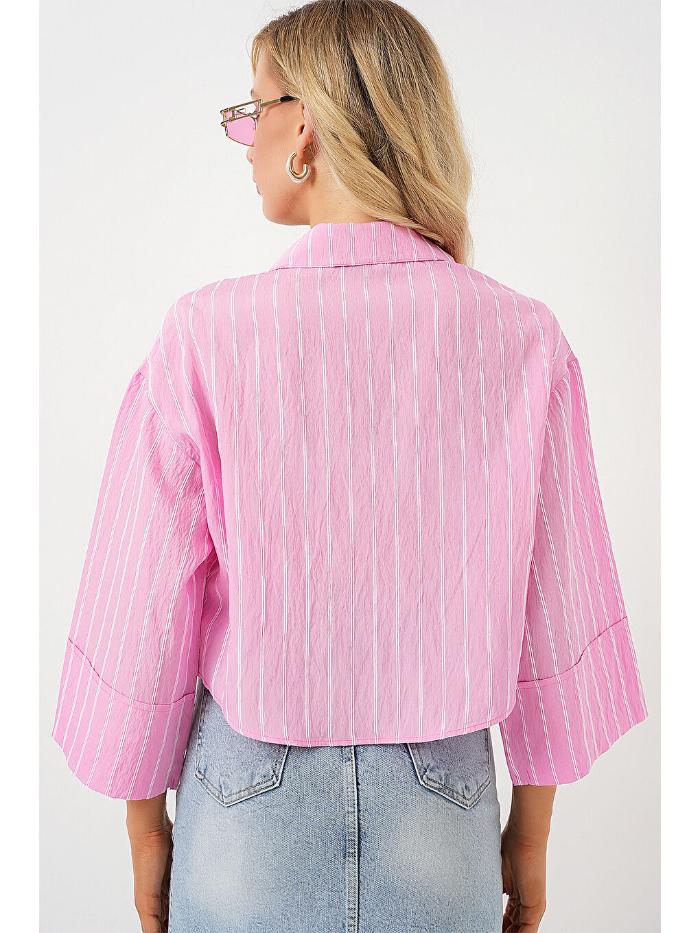 Kadın Çizgili Oversize Kısa Gömlek 20326 - Pembe-5