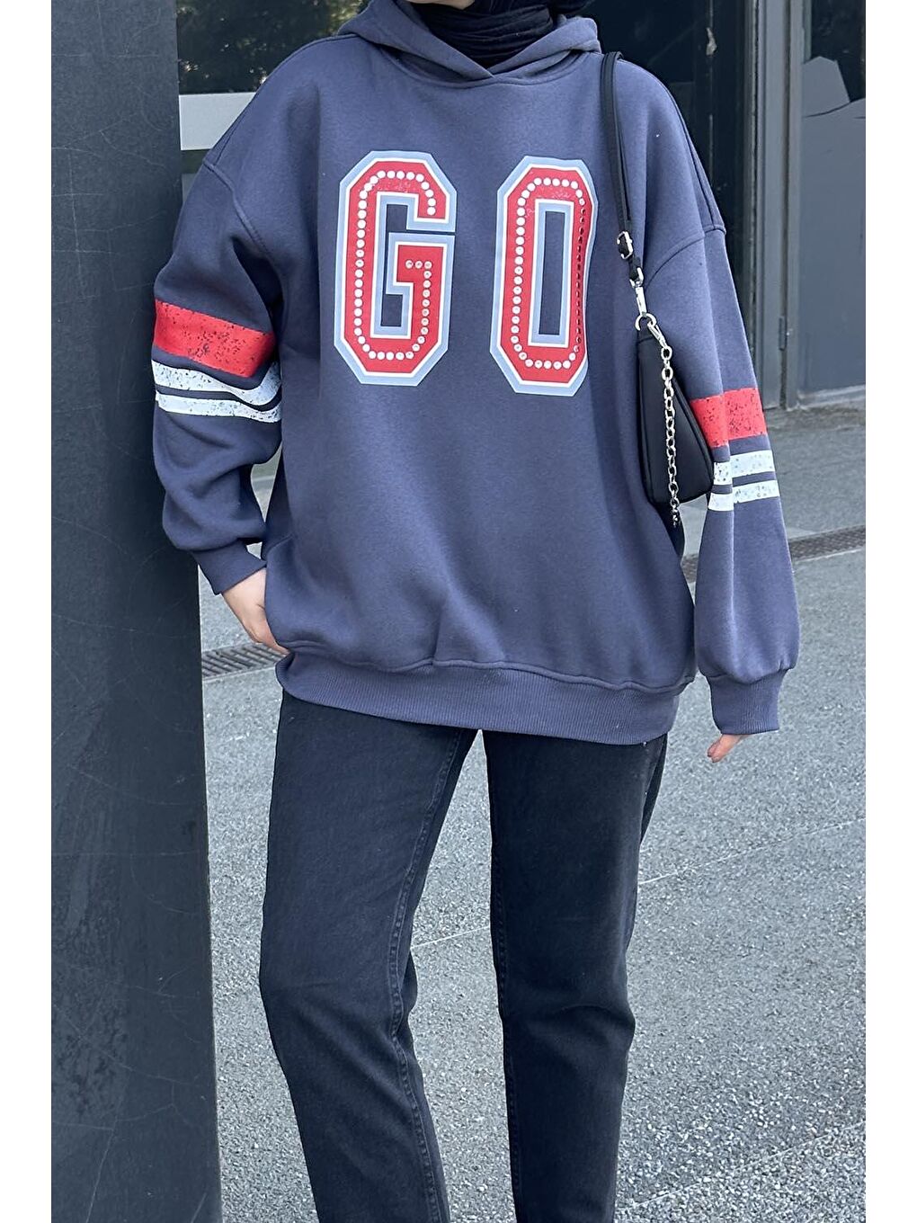 Gri Go Baskılı Üç İplik Sweat Füme-2