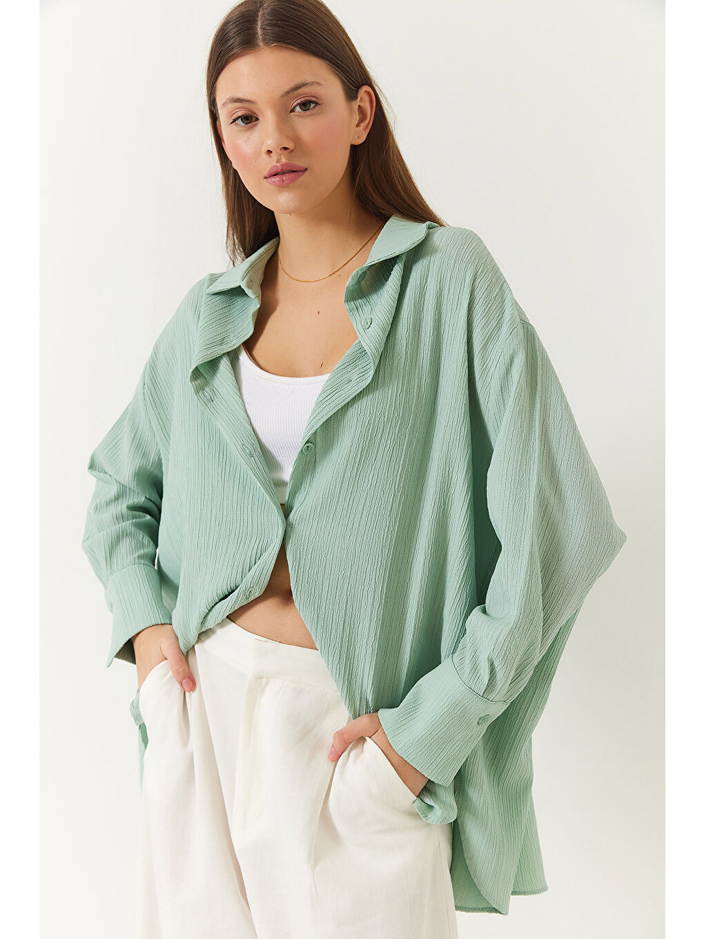 Yeşil Kadın Düşük Omuz Oversize Basic Bürümcük Gömlek