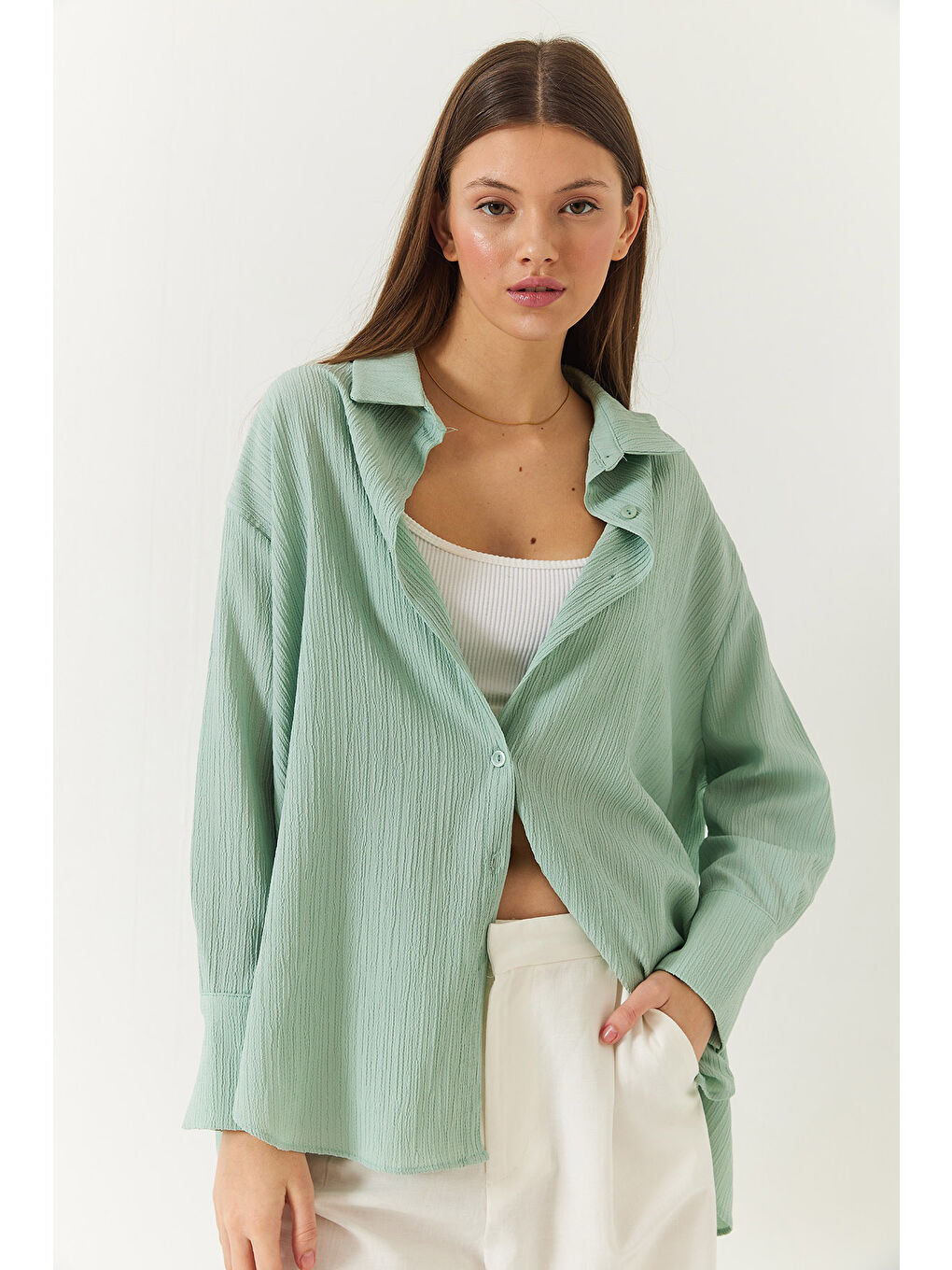 Yeşil Kadın Düşük Omuz Oversize Basic Bürümcük Gömlek-2