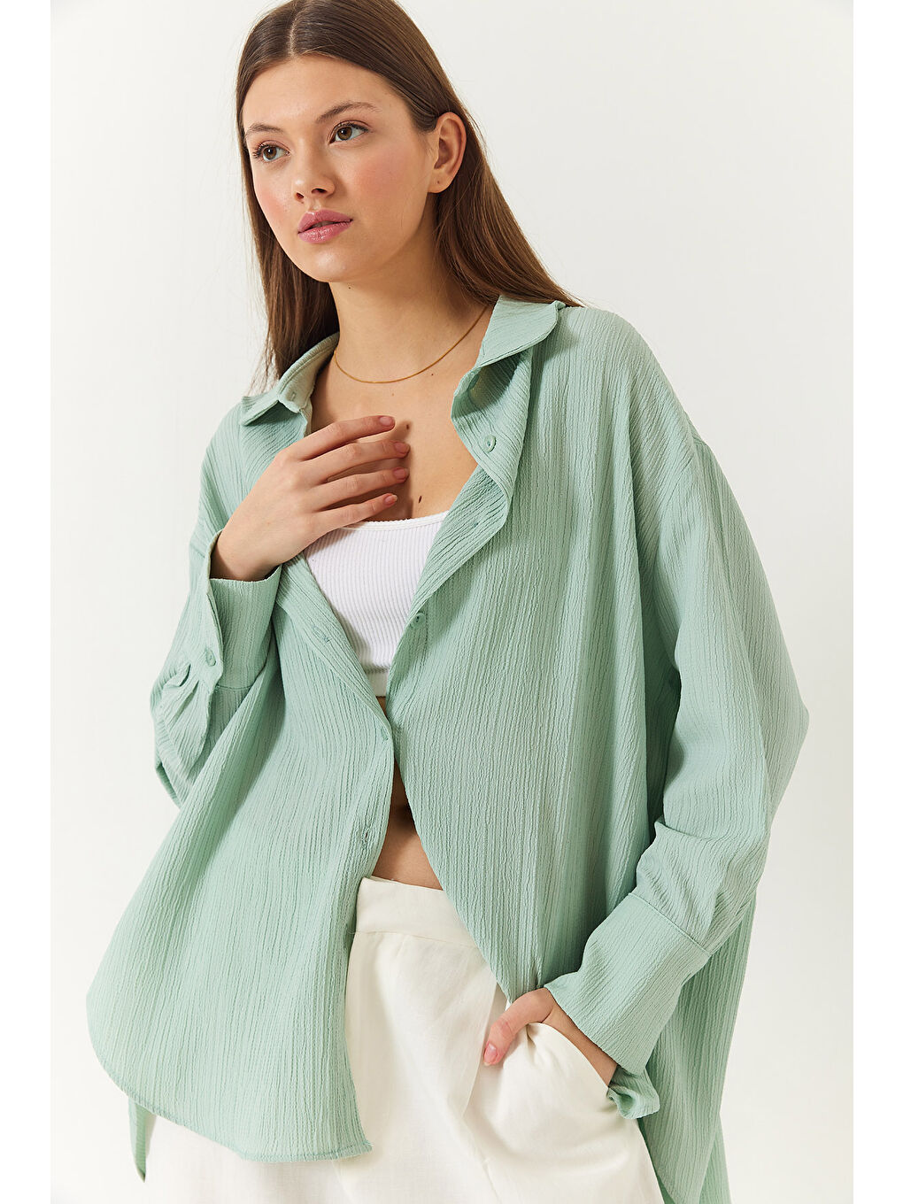 Yeşil Kadın Düşük Omuz Oversize Basic Bürümcük Gömlek-3