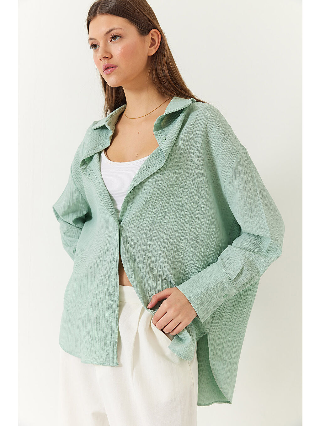 Yeşil Kadın Düşük Omuz Oversize Basic Bürümcük Gömlek-4