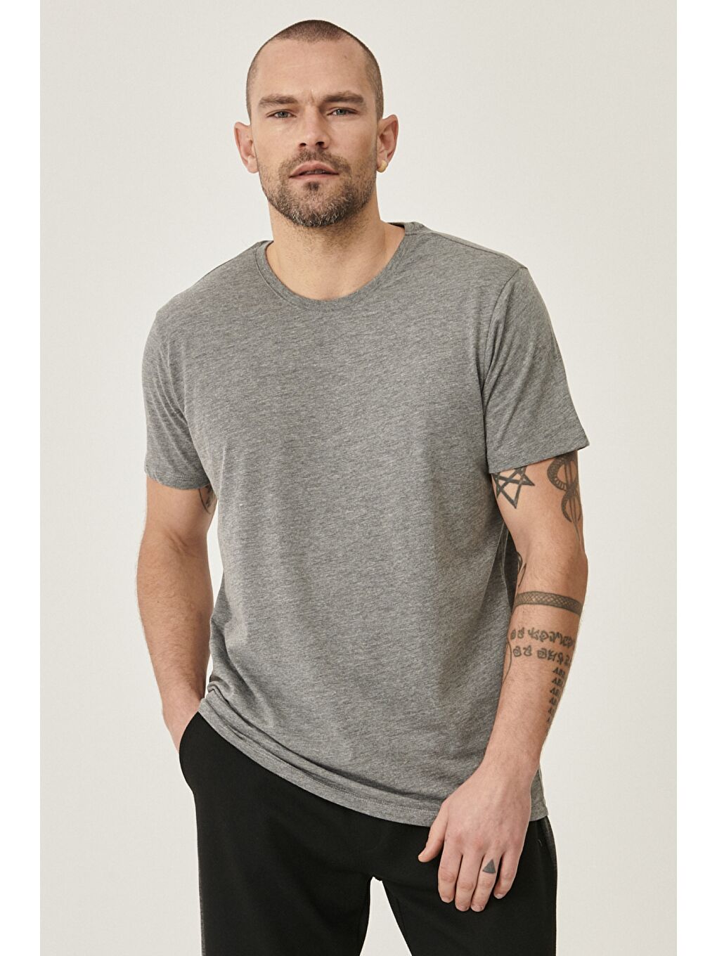 Erkek Gri Melanj Slim Fit Bisiklet Yaka 2'li Düz Tişört Paketi-1