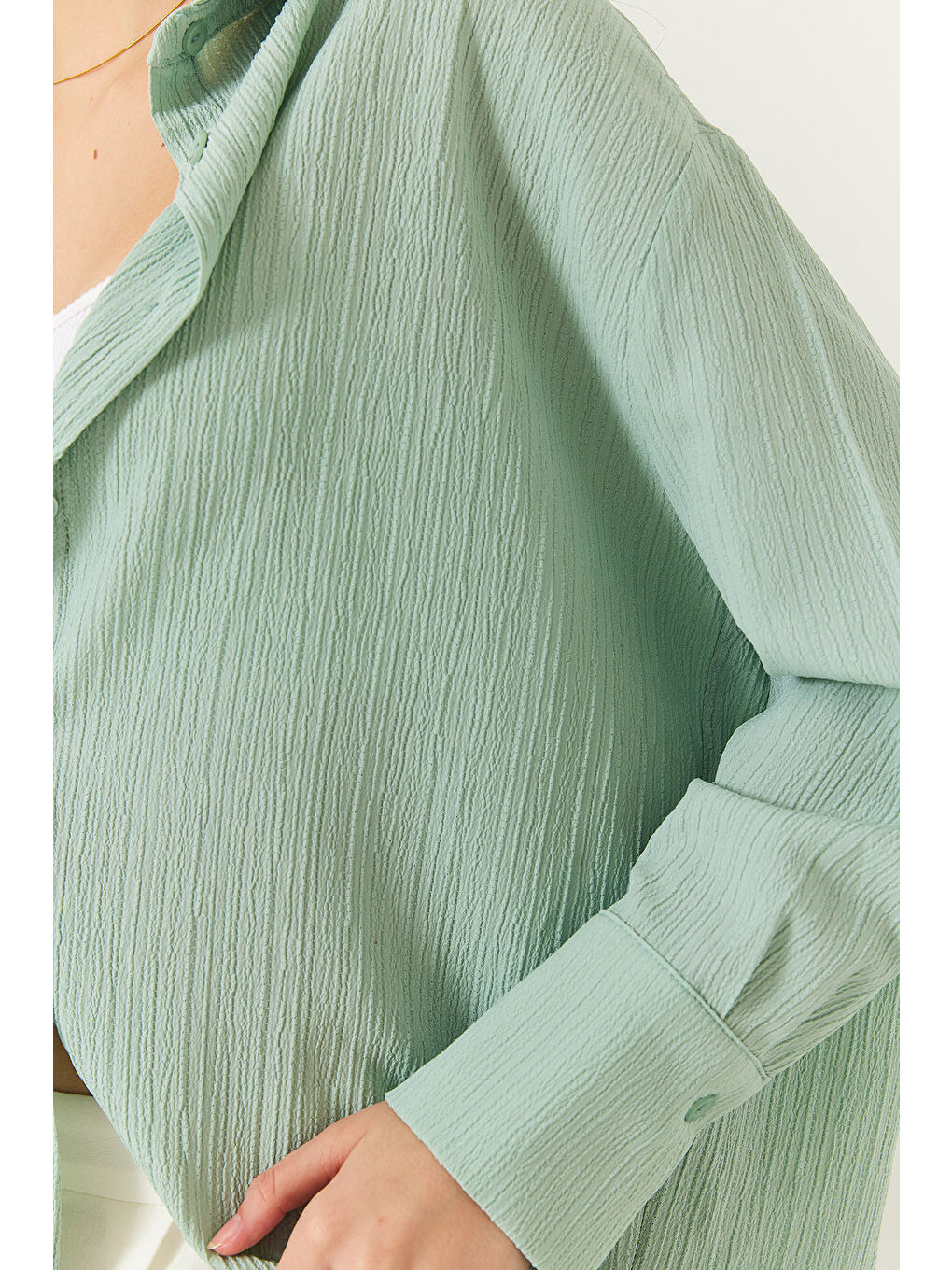 Yeşil Kadın Düşük Omuz Oversize Basic Bürümcük Gömlek-5