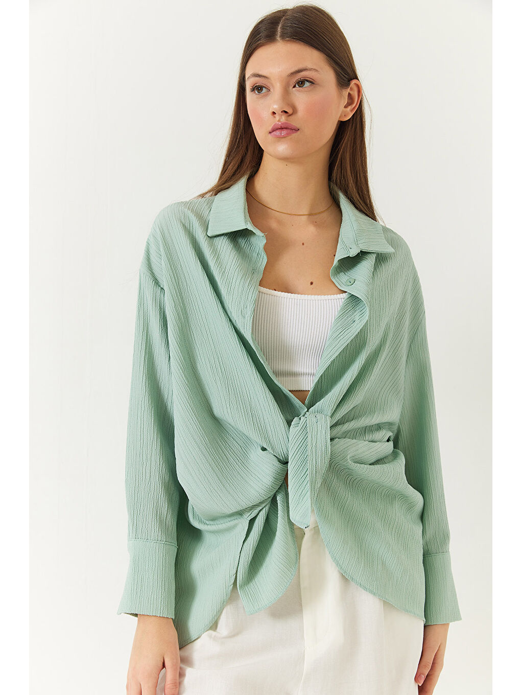 Yeşil Kadın Düşük Omuz Oversize Basic Bürümcük Gömlek-6