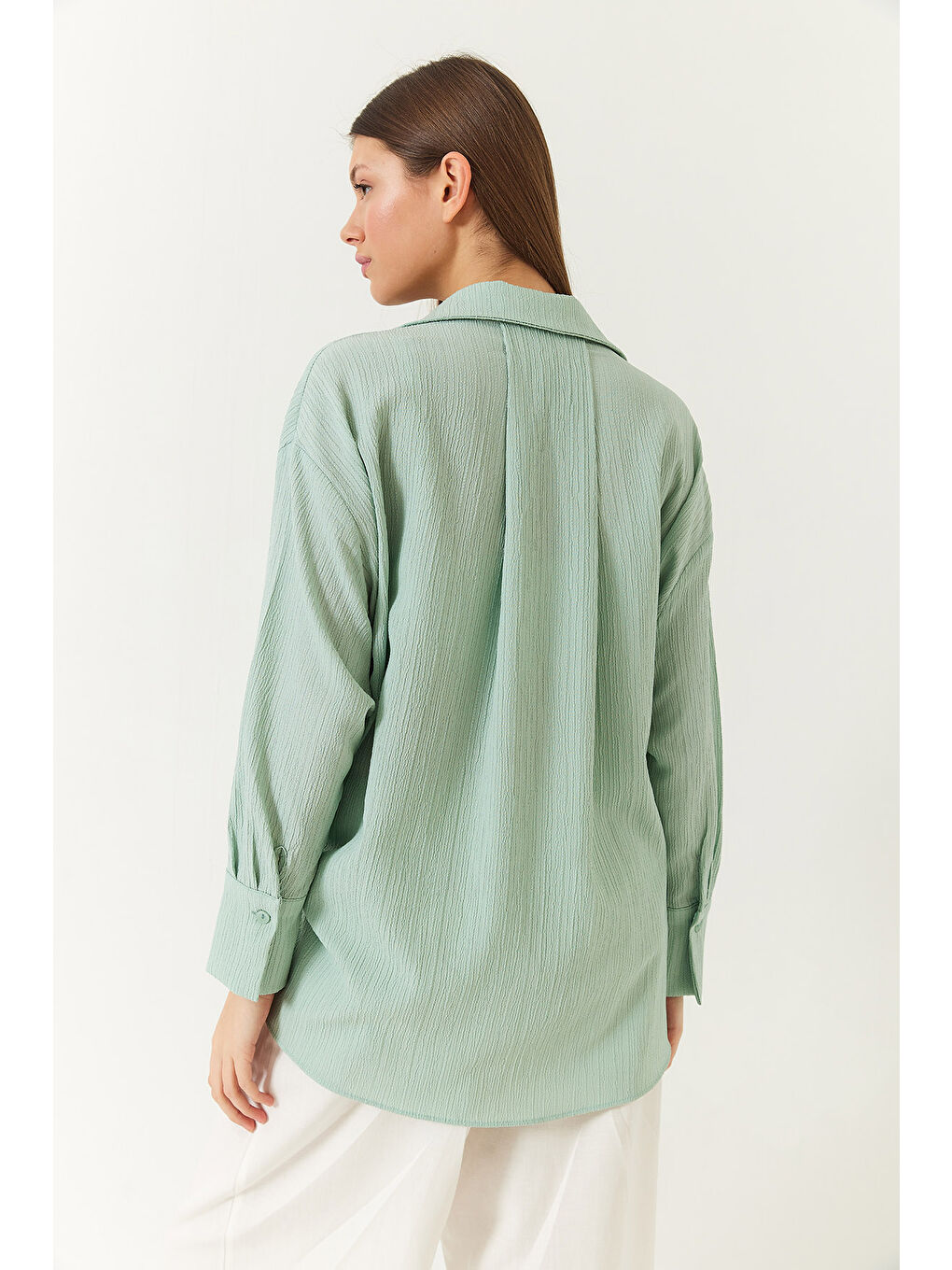 Yeşil Kadın Düşük Omuz Oversize Basic Bürümcük Gömlek-7