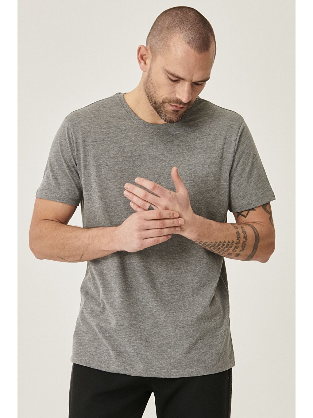 Erkek Gri Melanj Slim Fit Bisiklet Yaka 2'li Düz Tişört Paketi-2