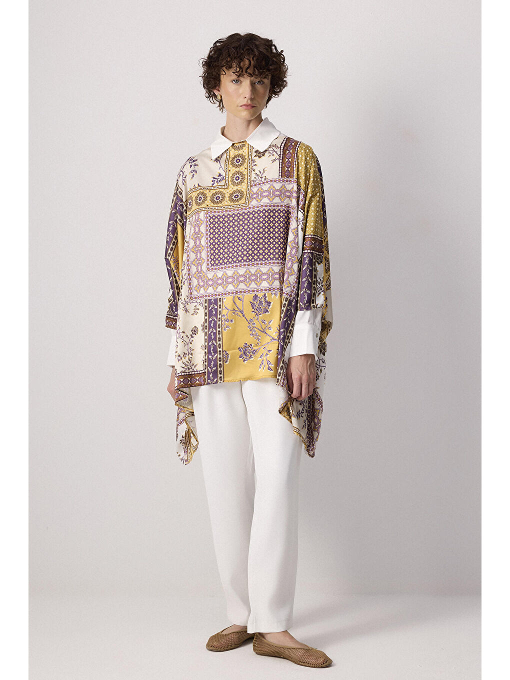 Sarı Şal Desenli Yarasa Kol Tunik