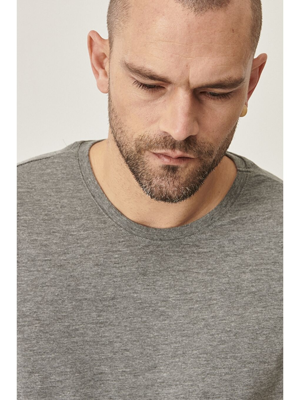 Erkek Gri Melanj Slim Fit Bisiklet Yaka 2'li Düz Tişört Paketi-3