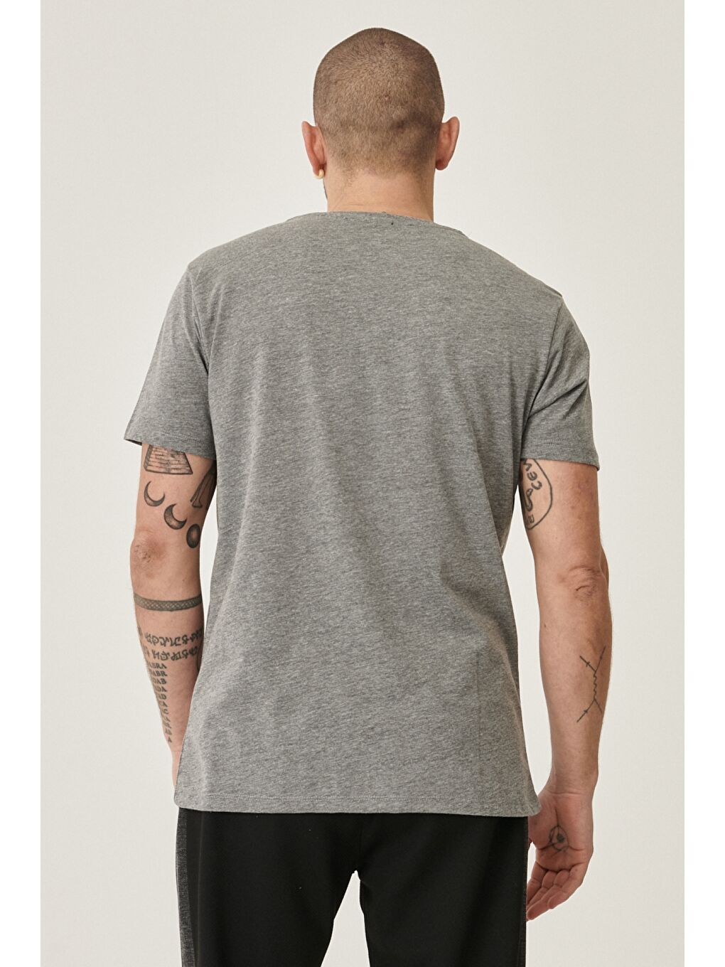 Erkek Gri Melanj Slim Fit Bisiklet Yaka 2'li Düz Tişört Paketi-4