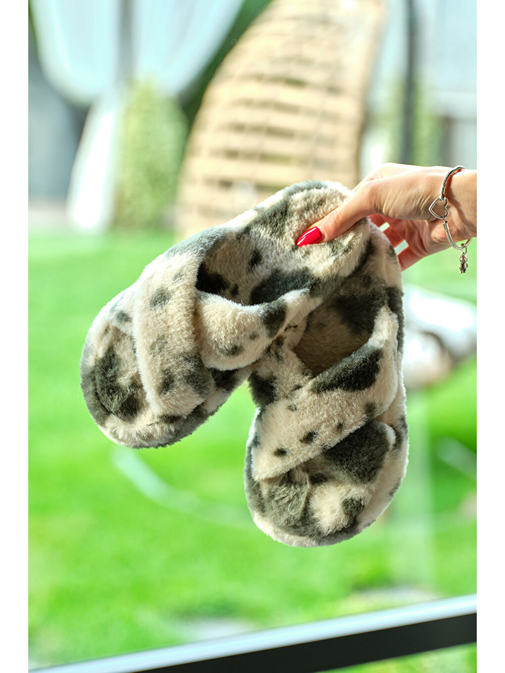 Turkuaz Kadın Su Yeşili Desenli Pelüş Çapraz Ev Terliği