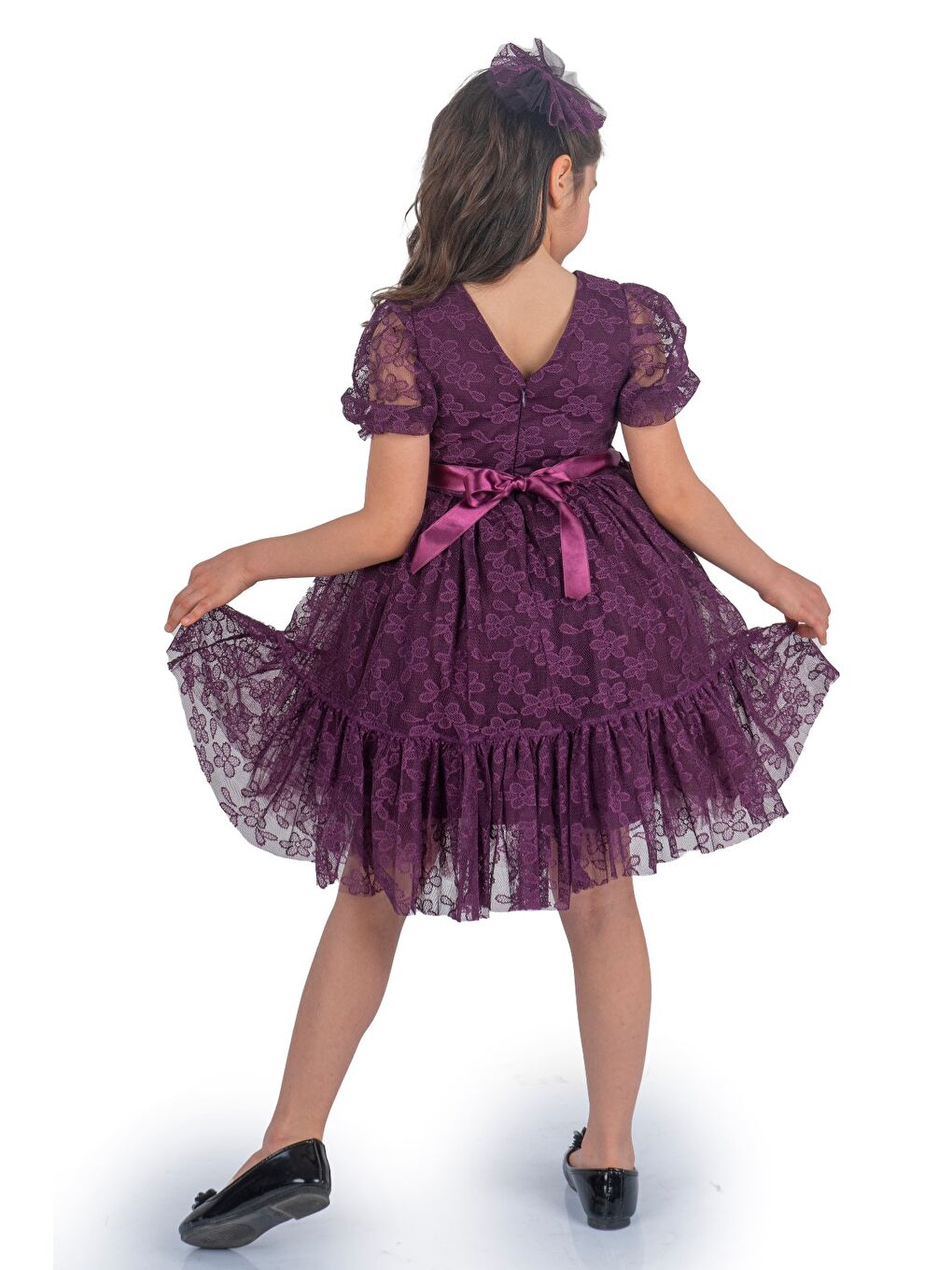 Mor Papatya Dantel Kız Çocuk Elbise MNK0332-1