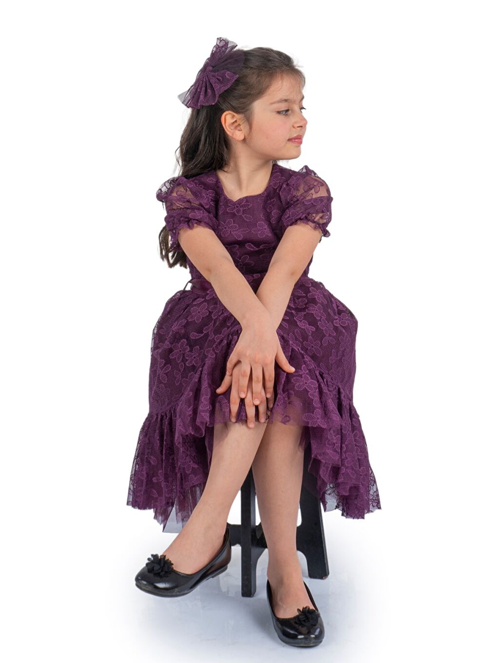 Mor Papatya Dantel Kız Çocuk Elbise MNK0332-2