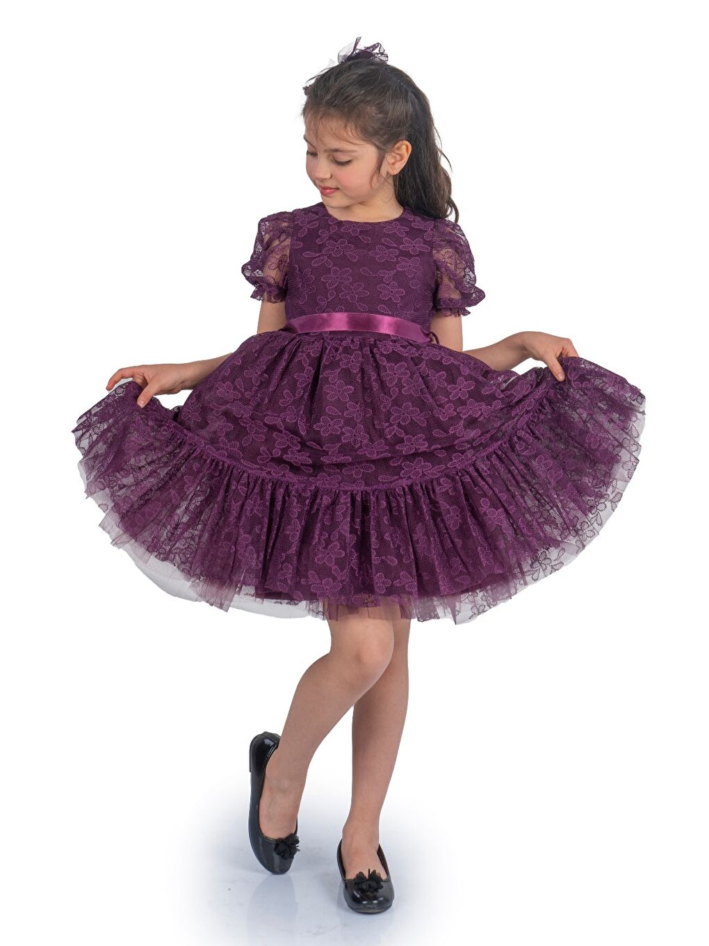 Mor Papatya Dantel Kız Çocuk Elbise MNK0332-3