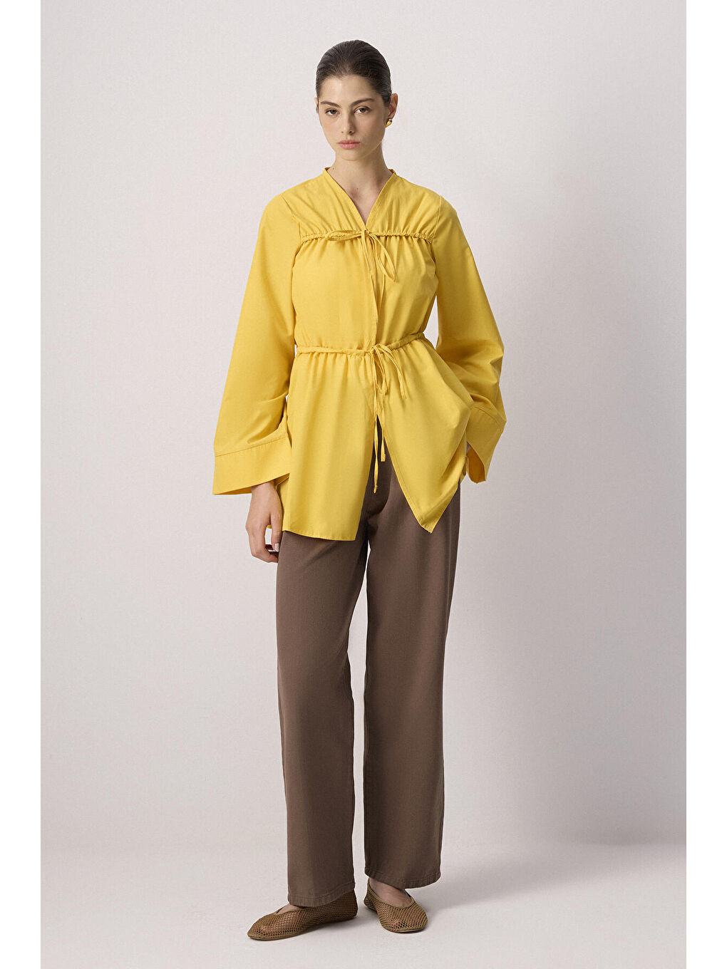 Sarı Önü Büzgülü Poplin Kimono