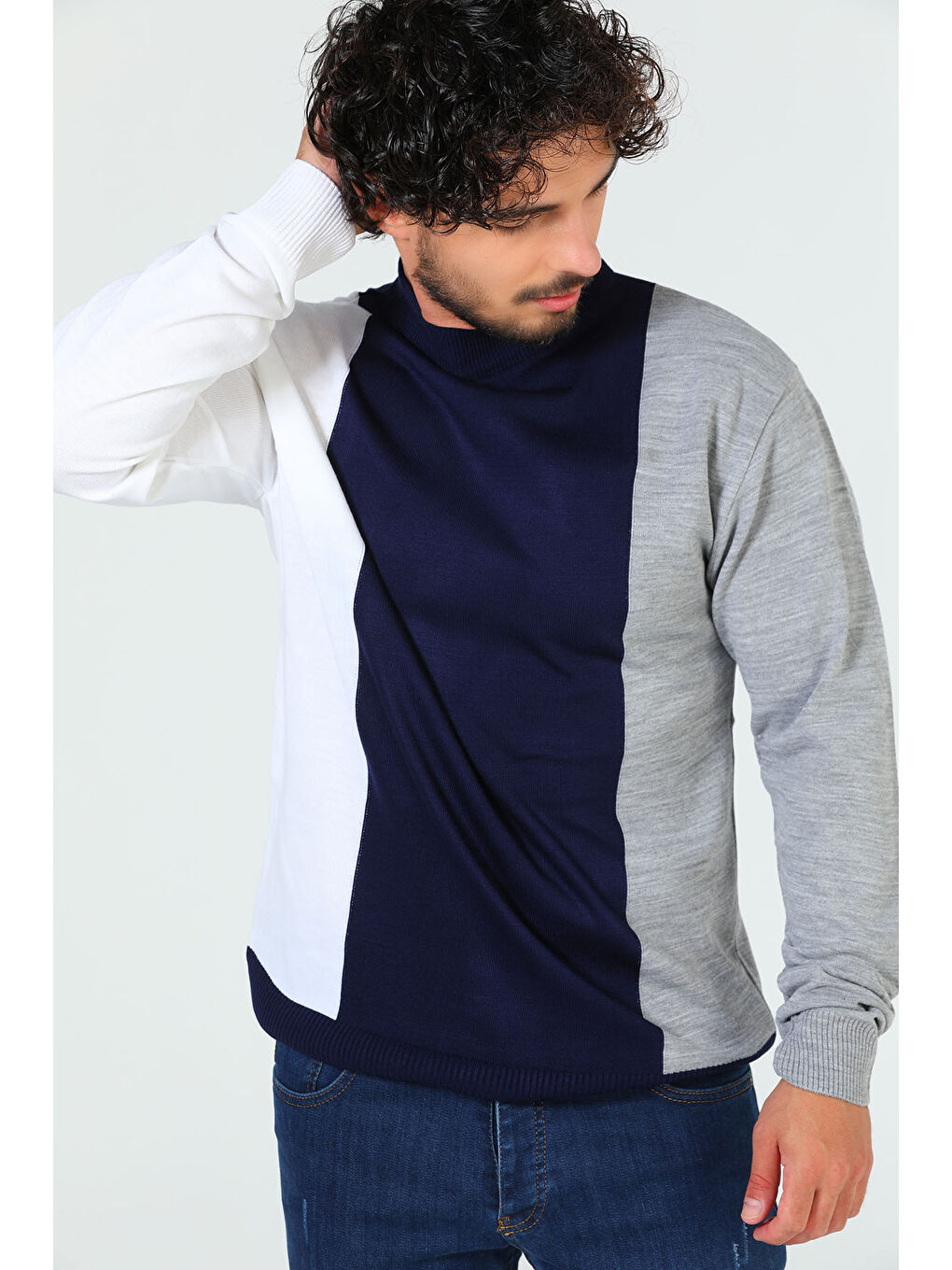 Lacivert Erkek Yarım Balıkçı Yaka Renk Garnili Triko Kazak-1