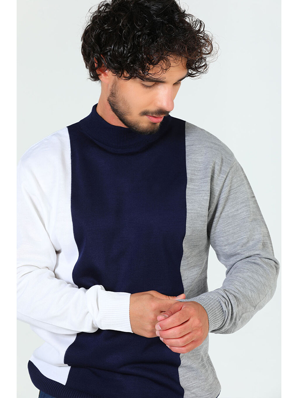 Lacivert Erkek Yarım Balıkçı Yaka Renk Garnili Triko Kazak-2