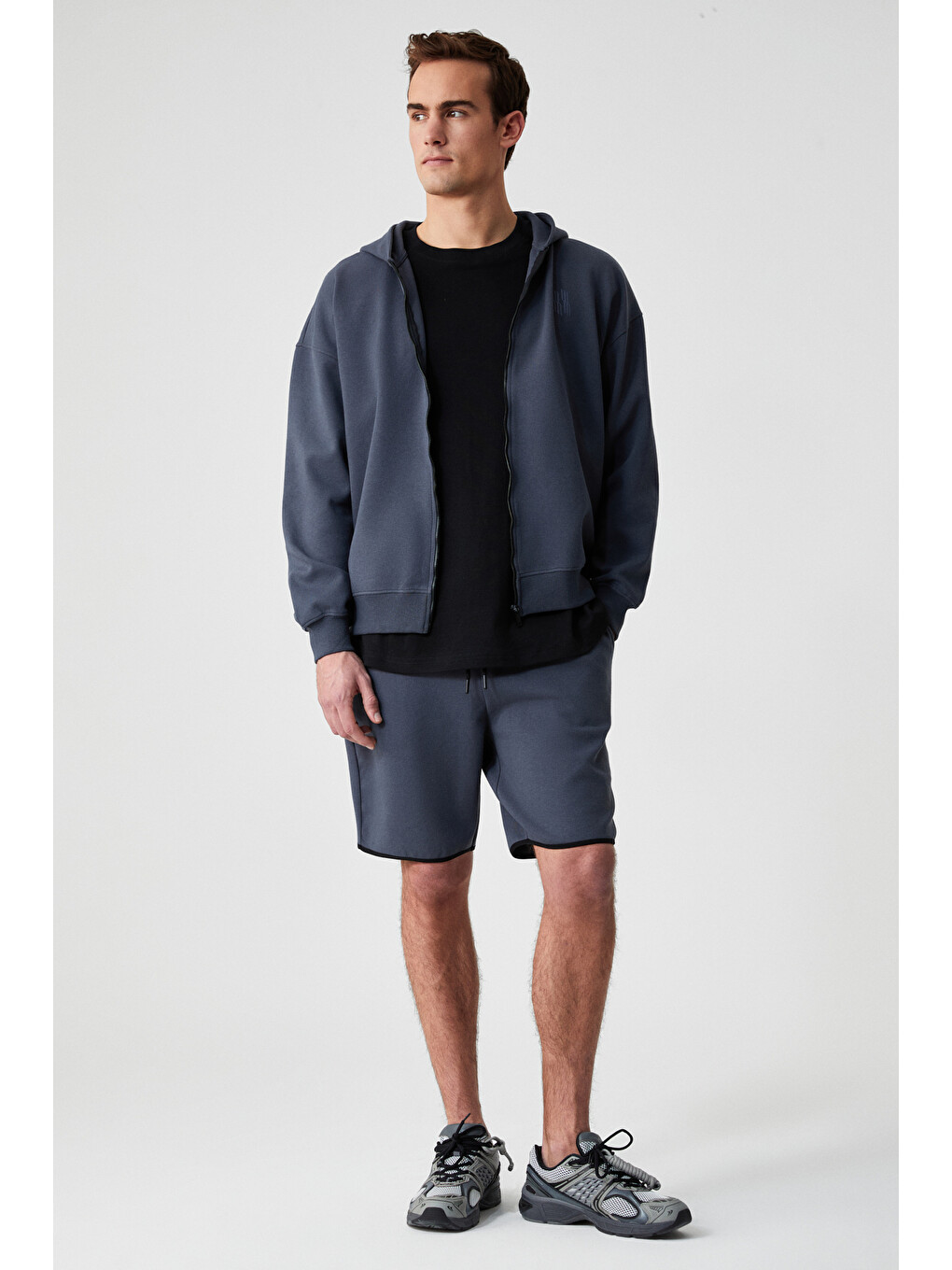 Ralf Erkek Kapüşonlu Uzun Kol Baskı Detaylı Fermuarlı Oversize Antrasit Sweatshirt-1