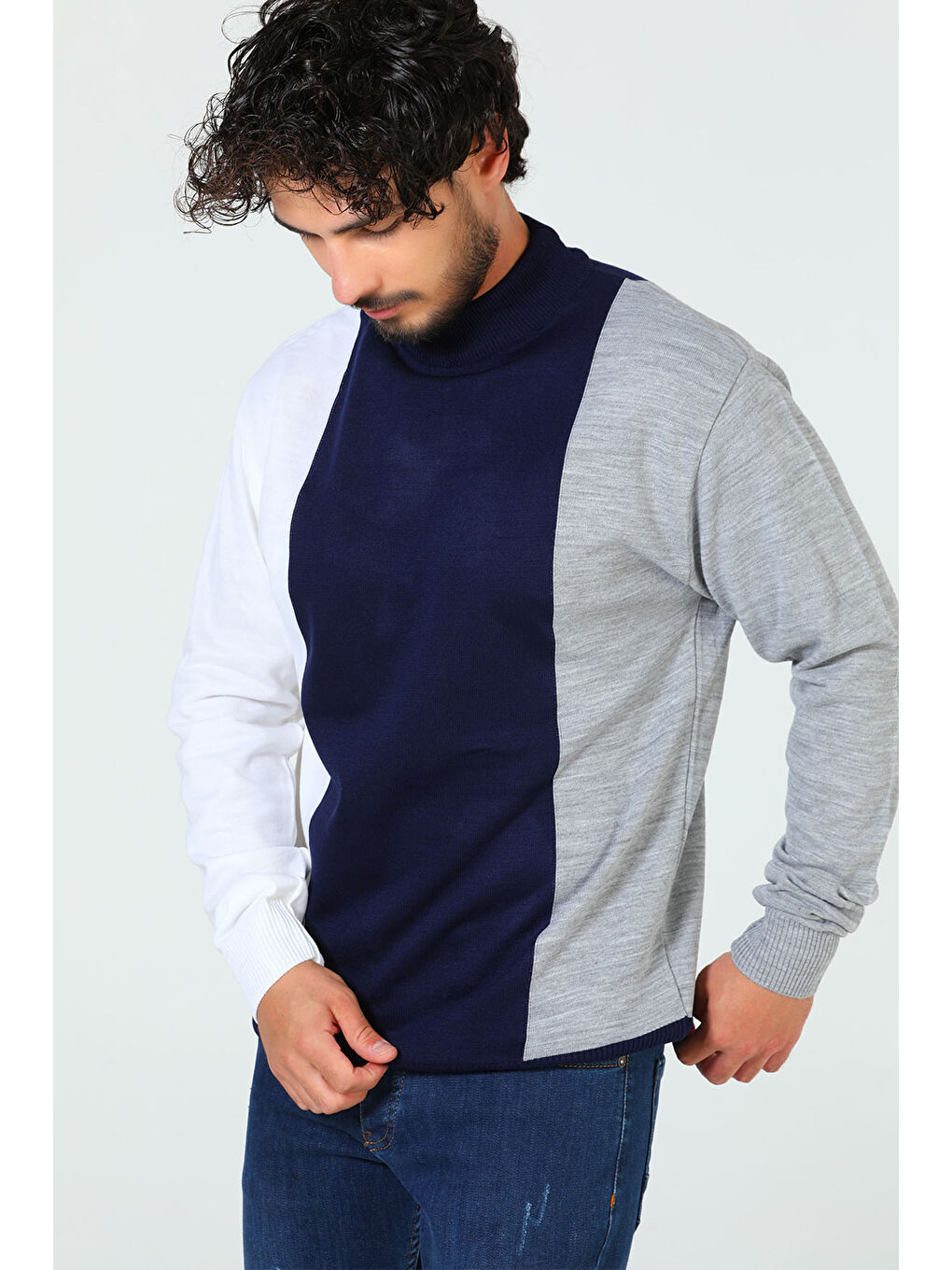 Lacivert Erkek Yarım Balıkçı Yaka Renk Garnili Triko Kazak-3