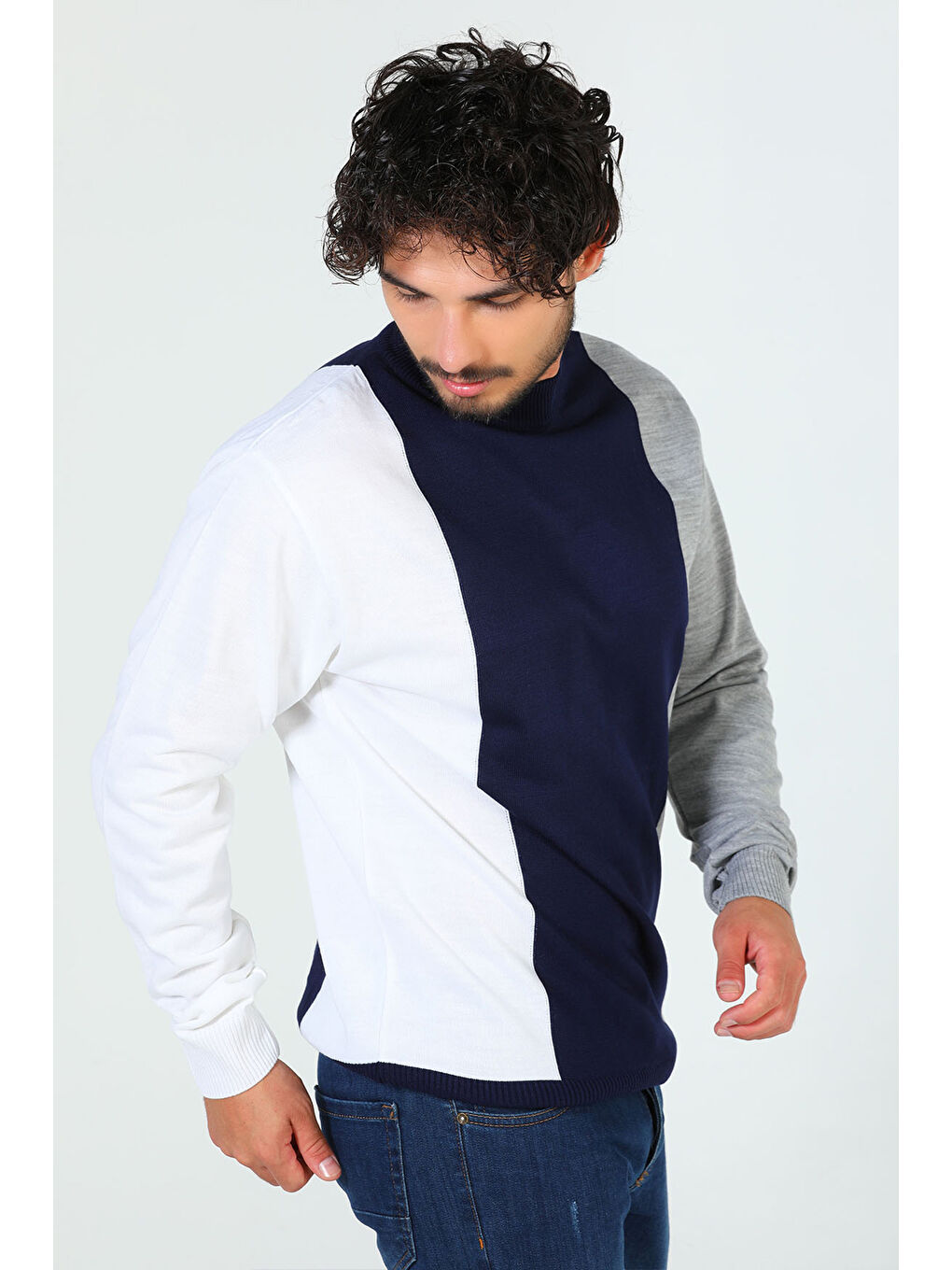 Lacivert Erkek Yarım Balıkçı Yaka Renk Garnili Triko Kazak-4