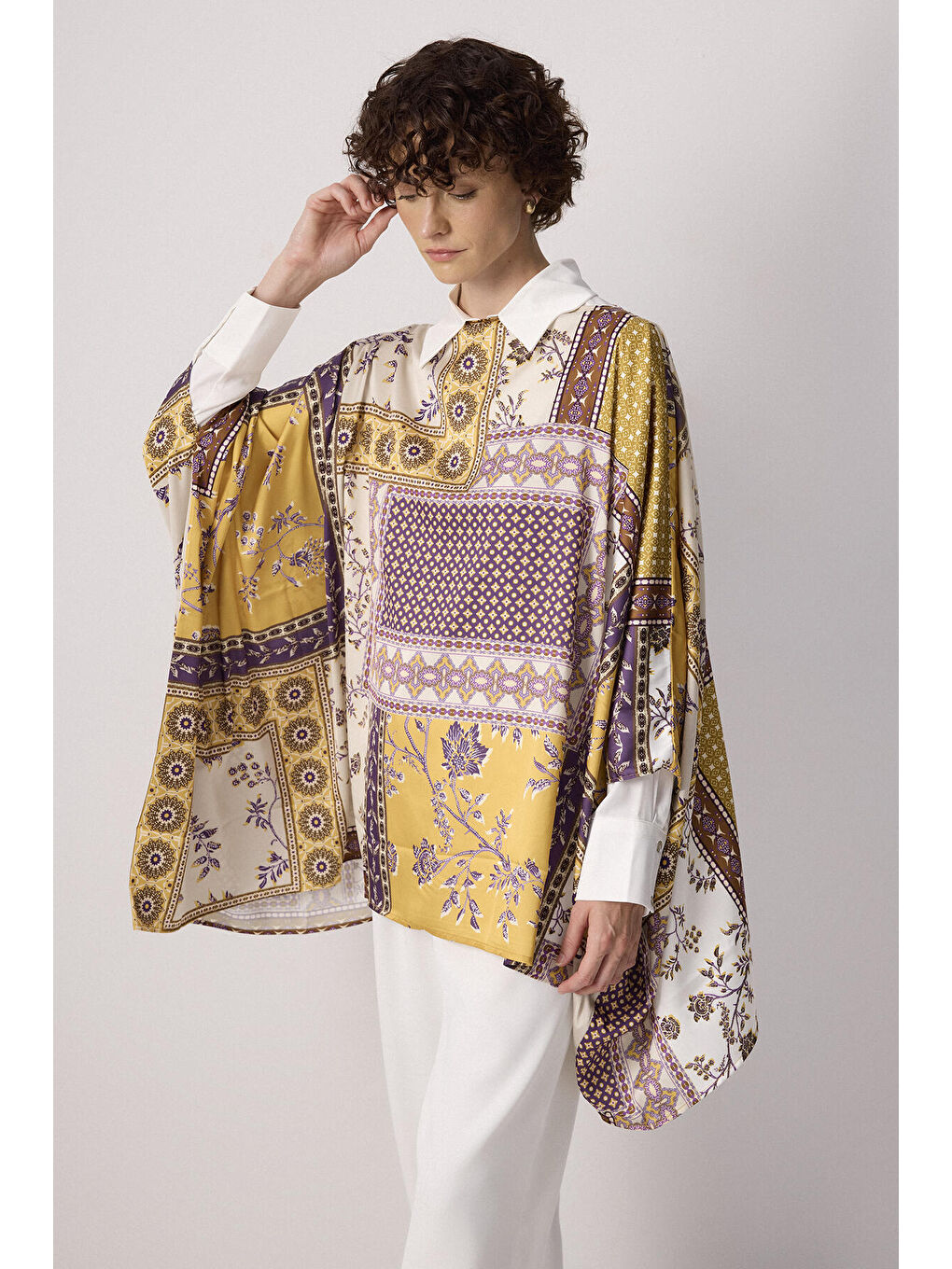 Sarı Şal Desenli Yarasa Kol Tunik-1
