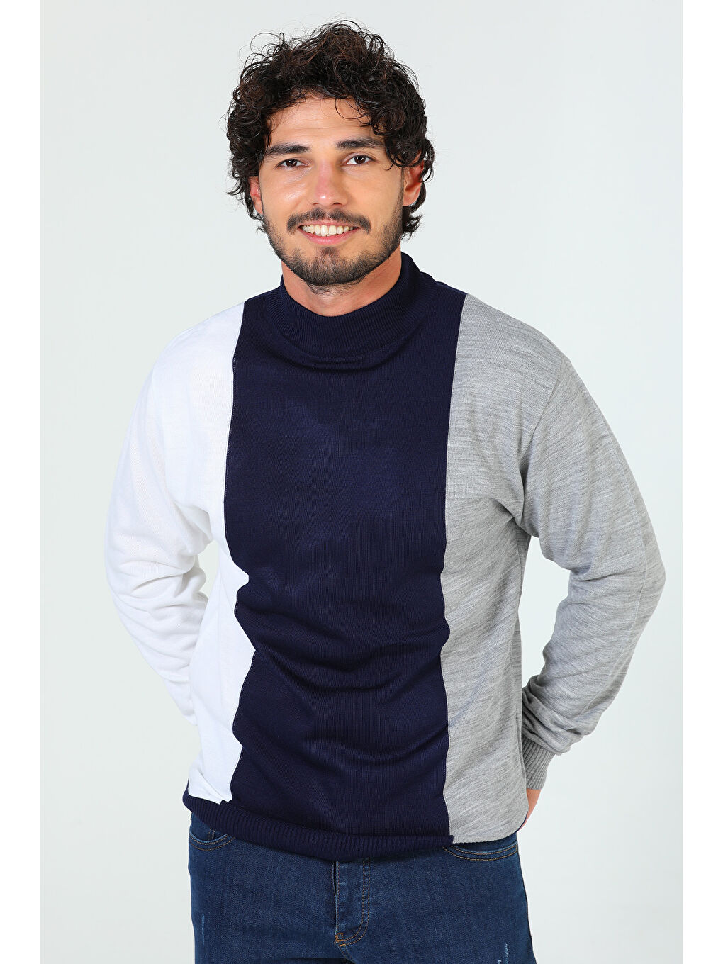 Lacivert Erkek Yarım Balıkçı Yaka Renk Garnili Triko Kazak-5