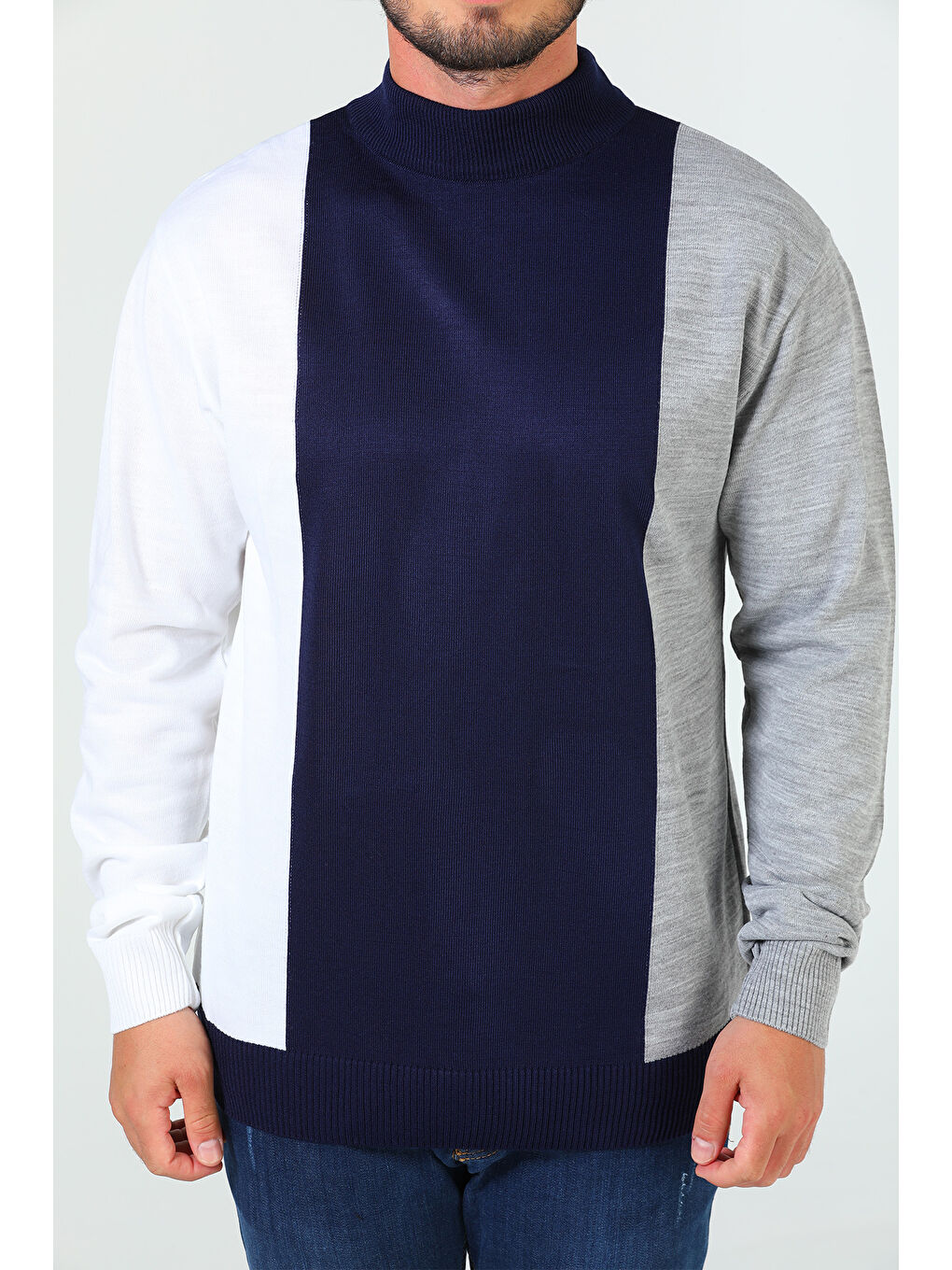 Lacivert Erkek Yarım Balıkçı Yaka Renk Garnili Triko Kazak-6