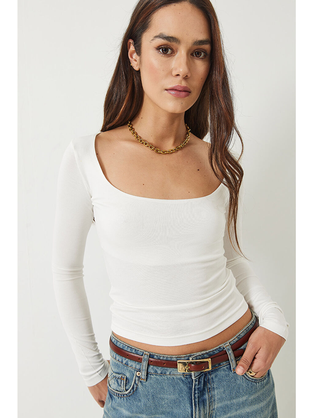 Beyaz Kadın Kare Yaka Uzun Kol Saran Modal Bluz-2