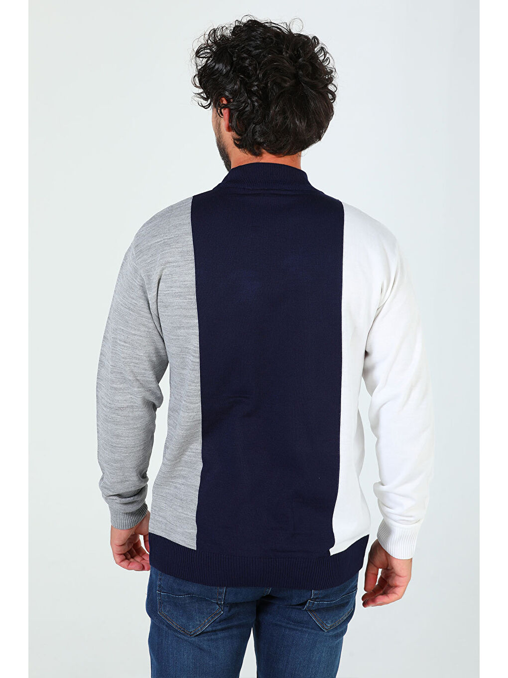 Lacivert Erkek Yarım Balıkçı Yaka Renk Garnili Triko Kazak-7