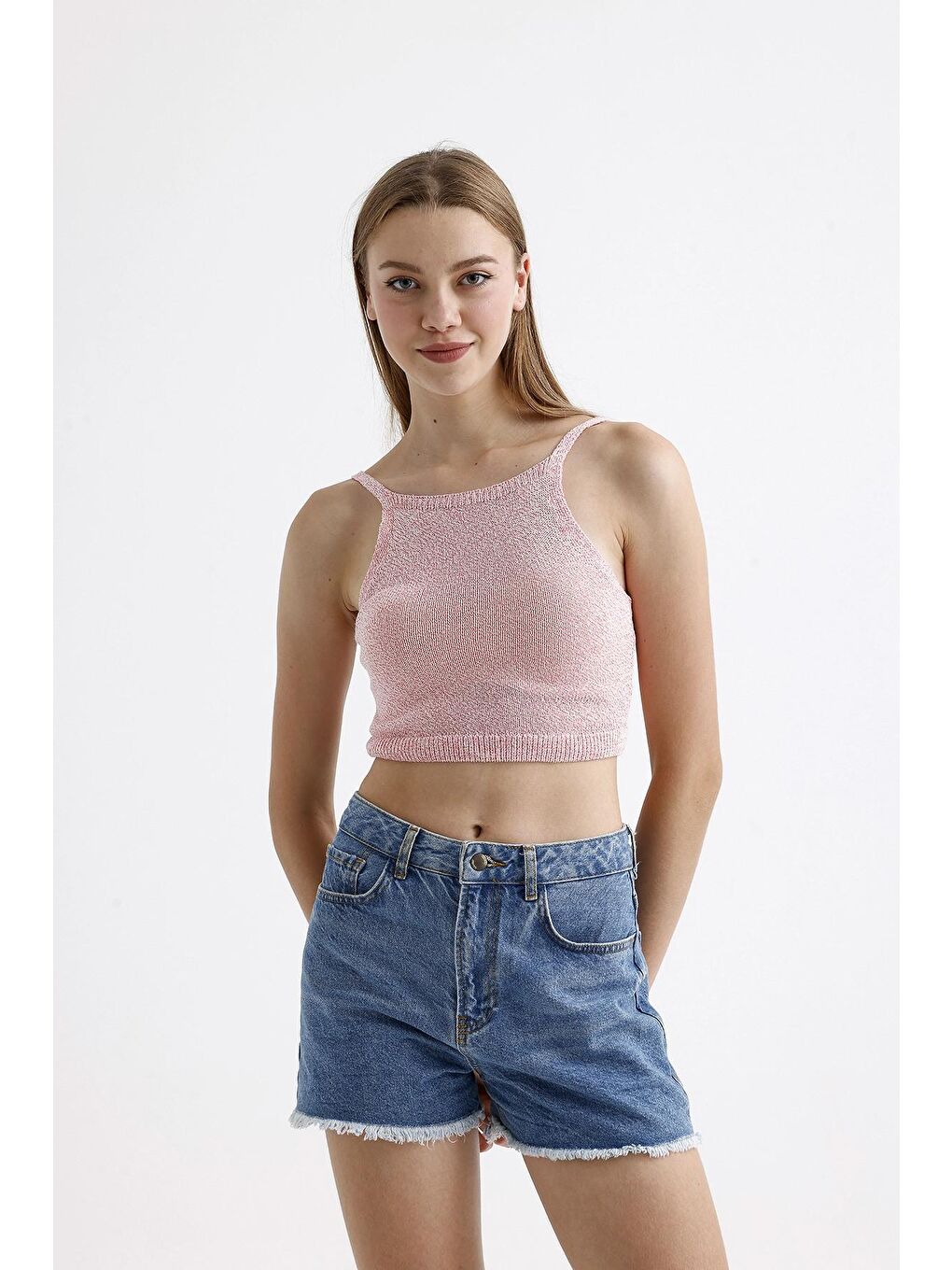 Stil Diva Pembe İnce Askılı Kolsuz Triko Crop Bluz