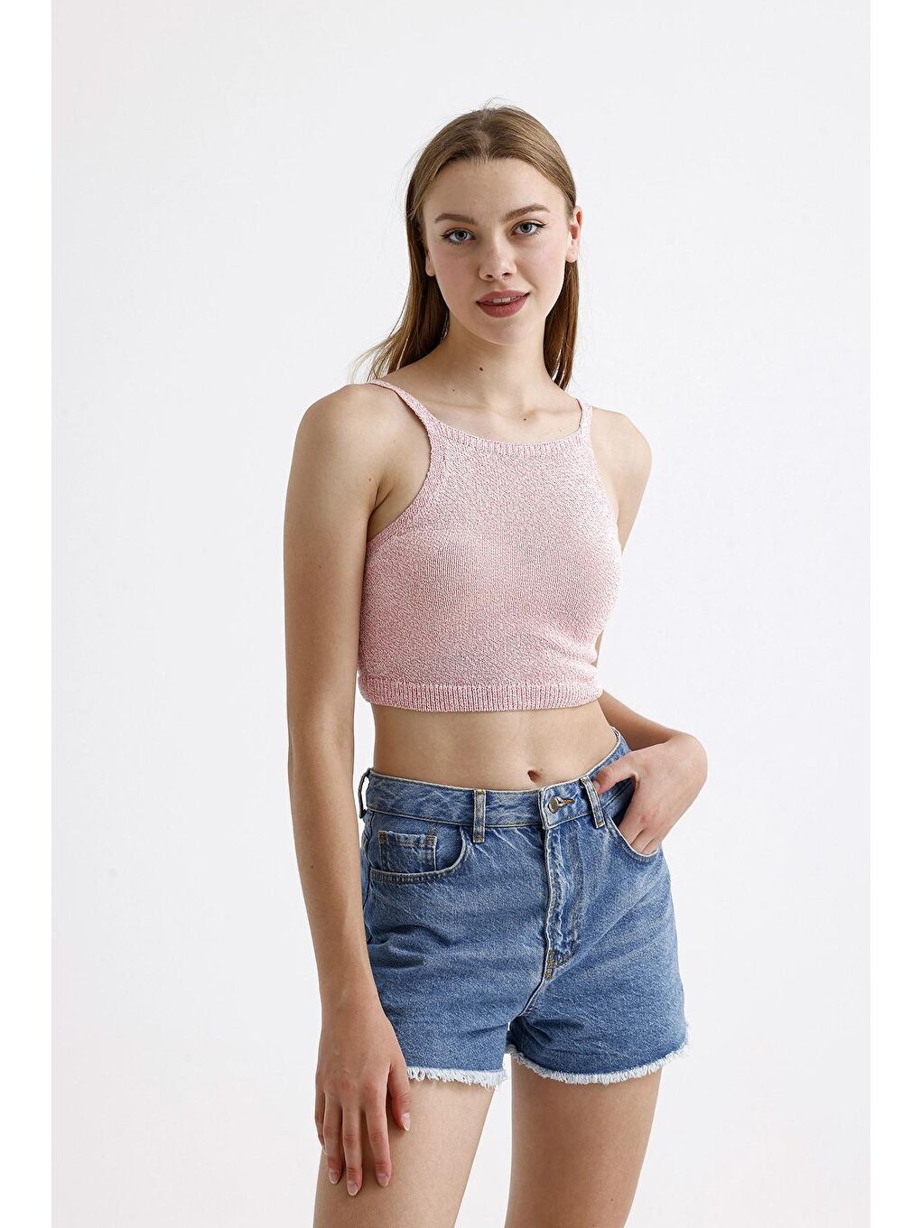 Stil Diva Pembe İnce Askılı Kolsuz Triko Crop Bluz - 1